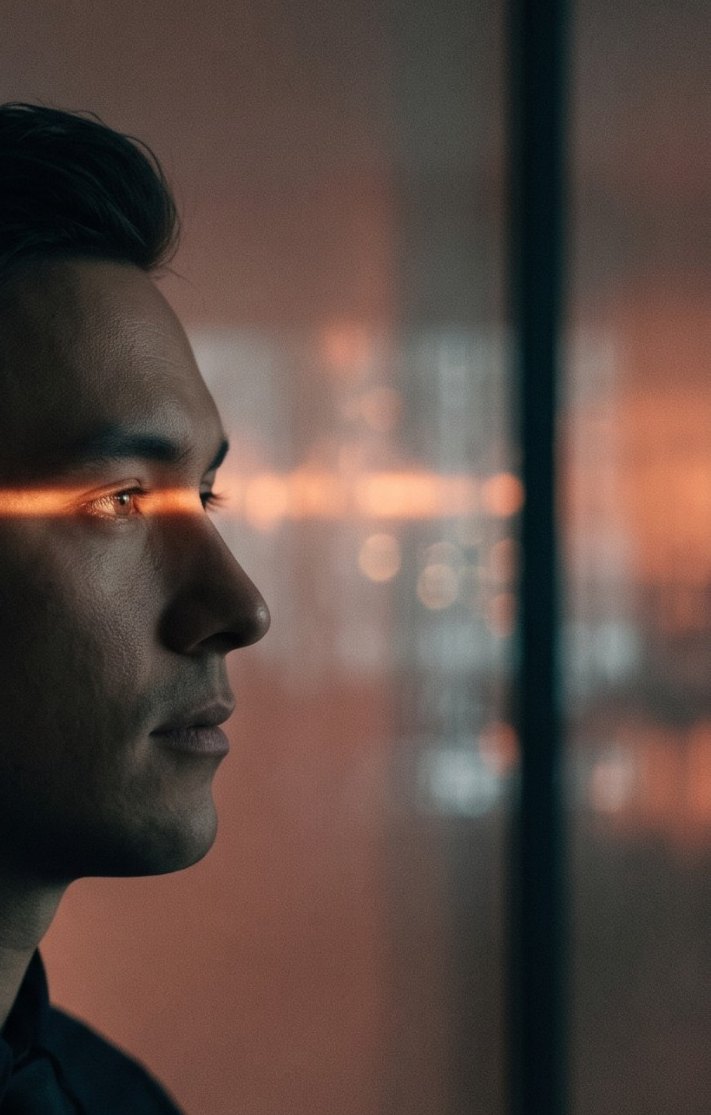 Portrait of a man in a dark office, a line of warm light crossing his eyes